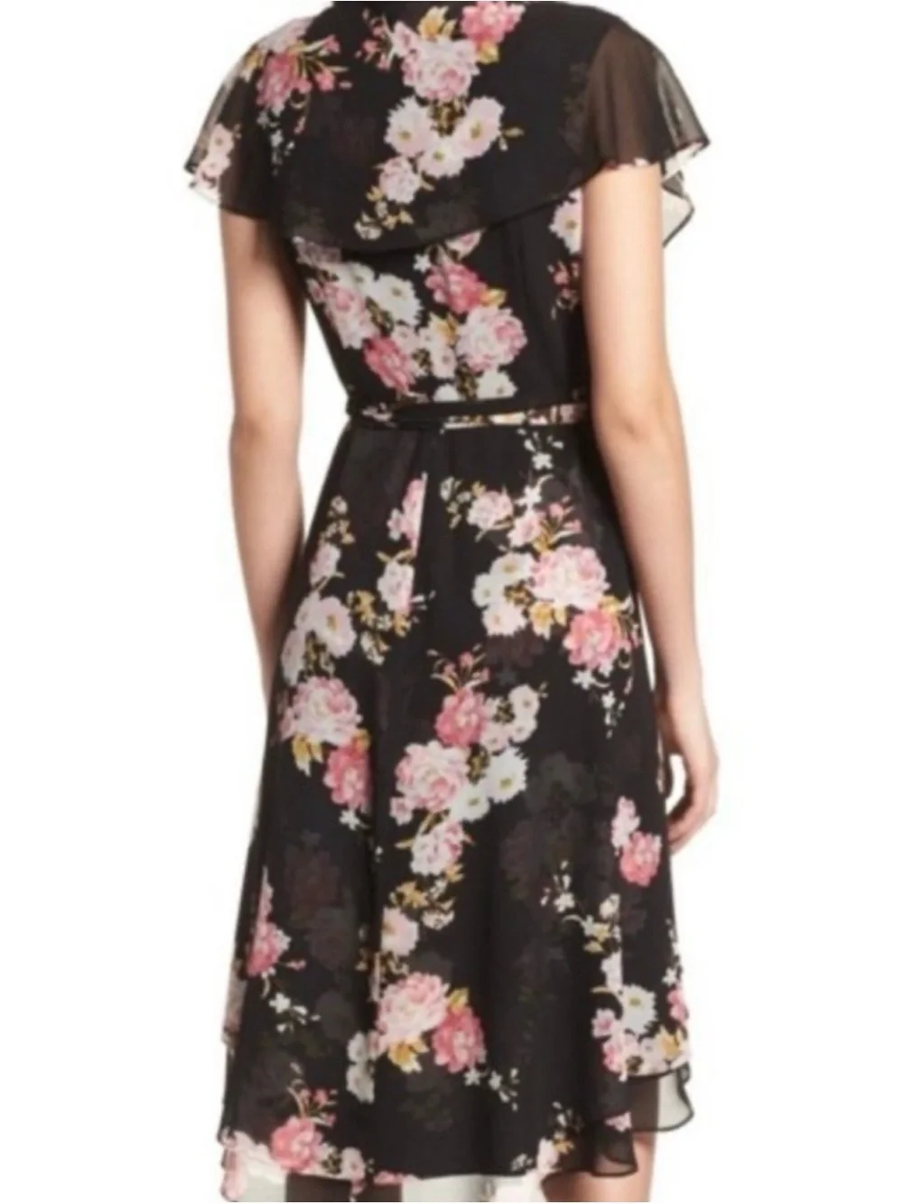WAYF Palermo Floral Flutter Short-Sleeve Midi Dress - Black with Pink Floral